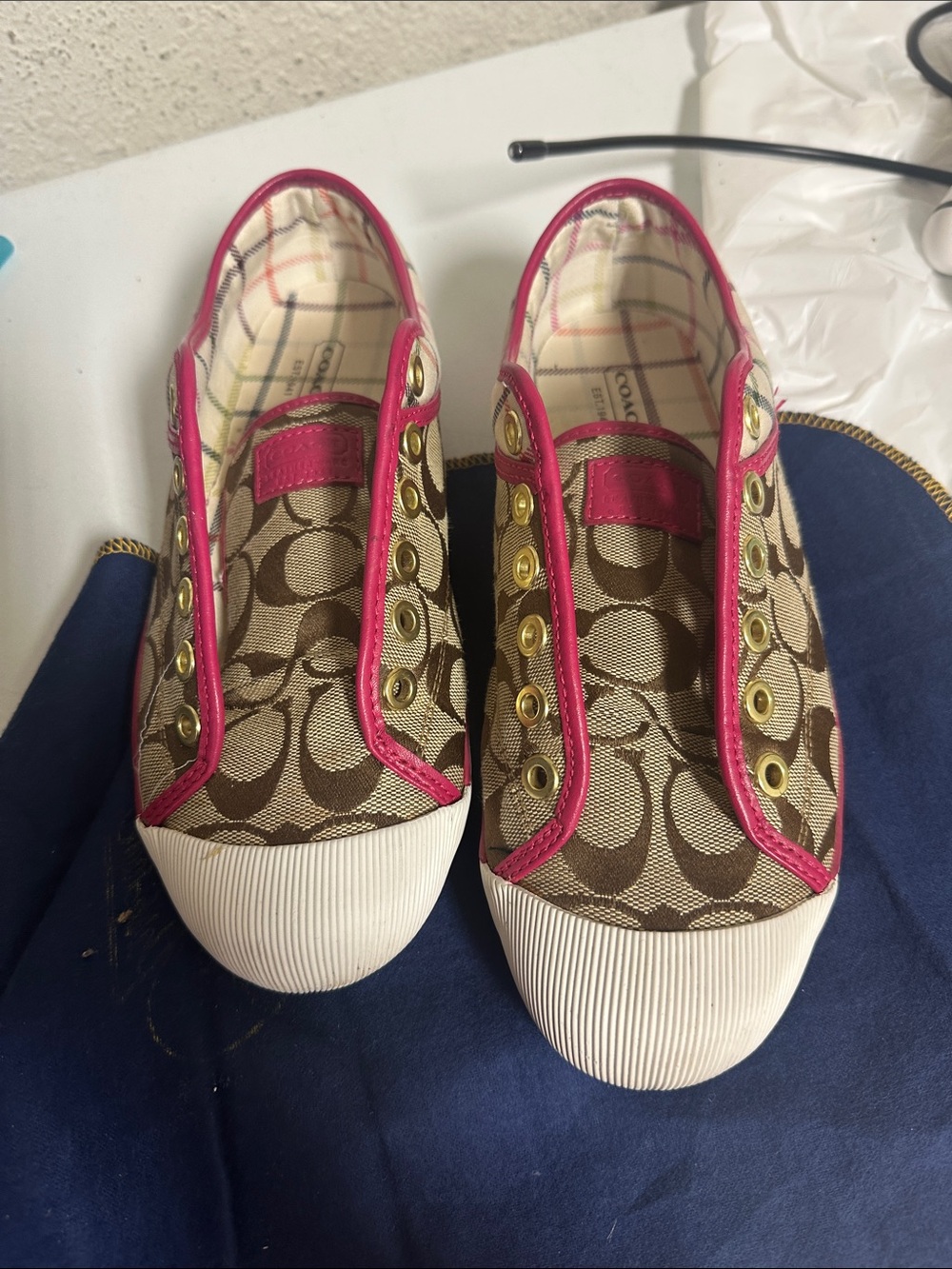 Coach Slip-On Sneakers in Brown Signature Canvas with Pink Trim